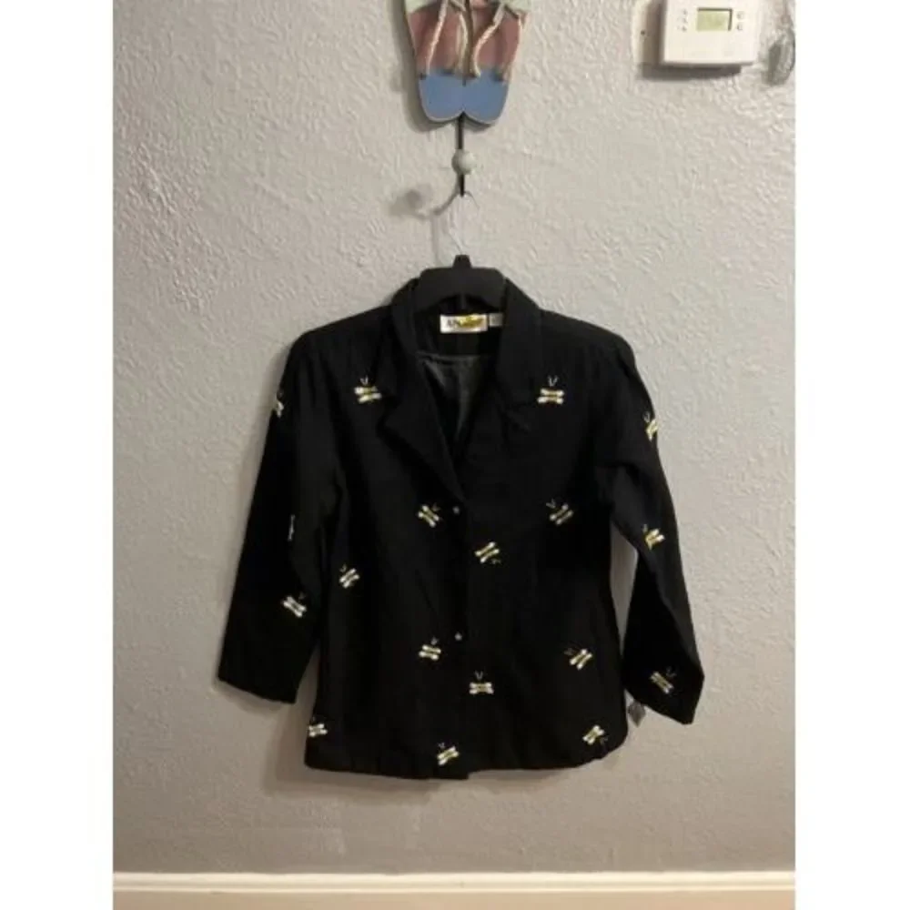 Anage Vintage Womens Black With Bee Sequins Jacket Blazer size small - Picture 1 of 9